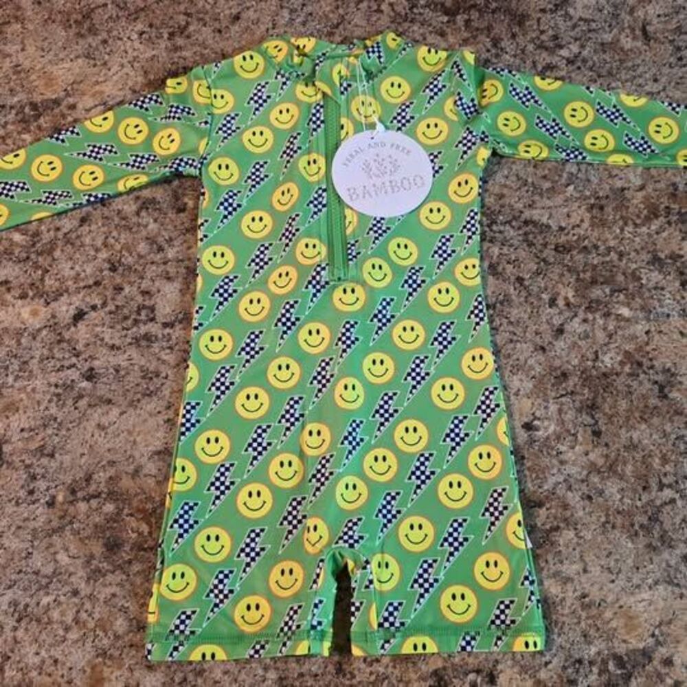 Feral + Free Bamboo Baby 6-12M Green Smiley Checkered Zipper Swimsuit